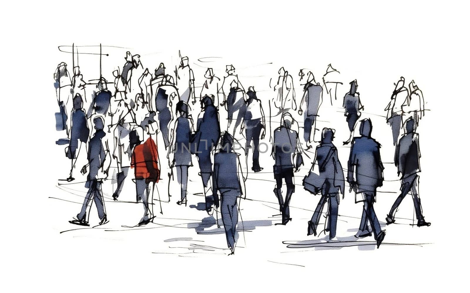 Illustration: crowd of people walking along a city street. Sketch made with marker and watercolor. Generative ai.