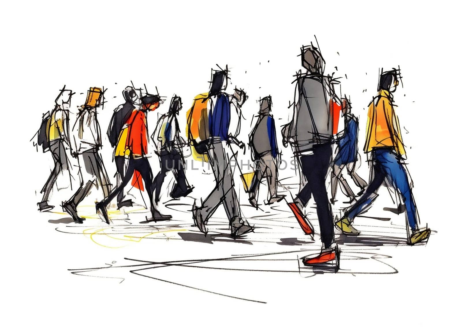 Illustration: a crowd of people walking along a city street. Sketch made with marker and watercolor. Generative ai. by maclura