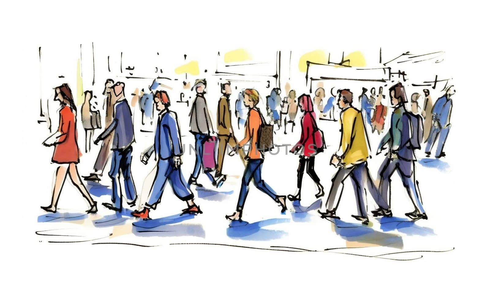 Illustration: a crowd of people walking along a city street. Sketch made with marker and watercolor. Generative ai. by maclura