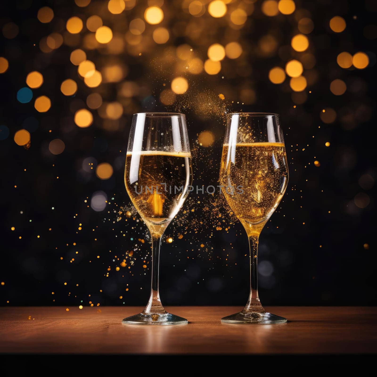 Two glasses of champagne on a blurred background with a golden hue