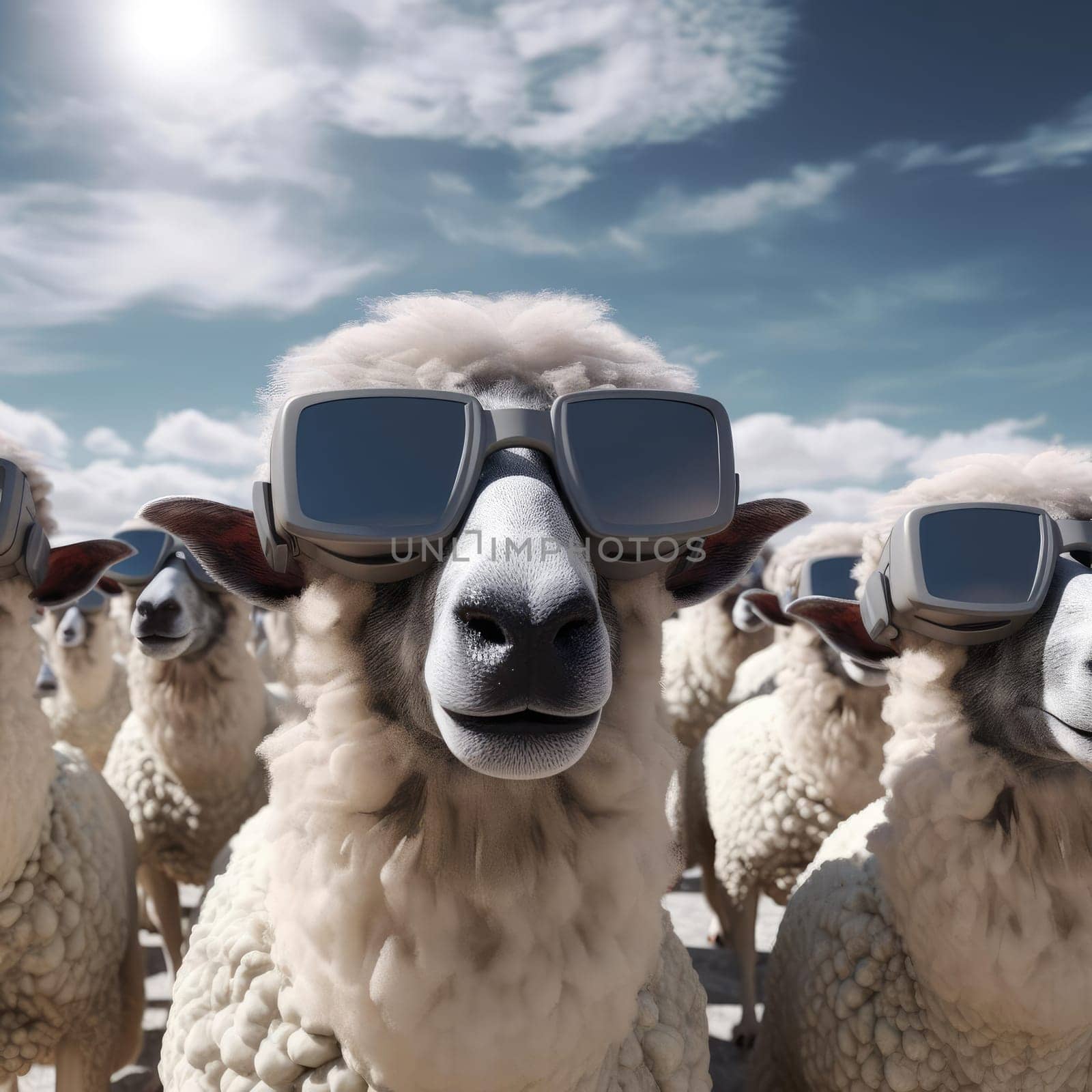 A herd of sheep wearing virtual reality glasses by cherezoff