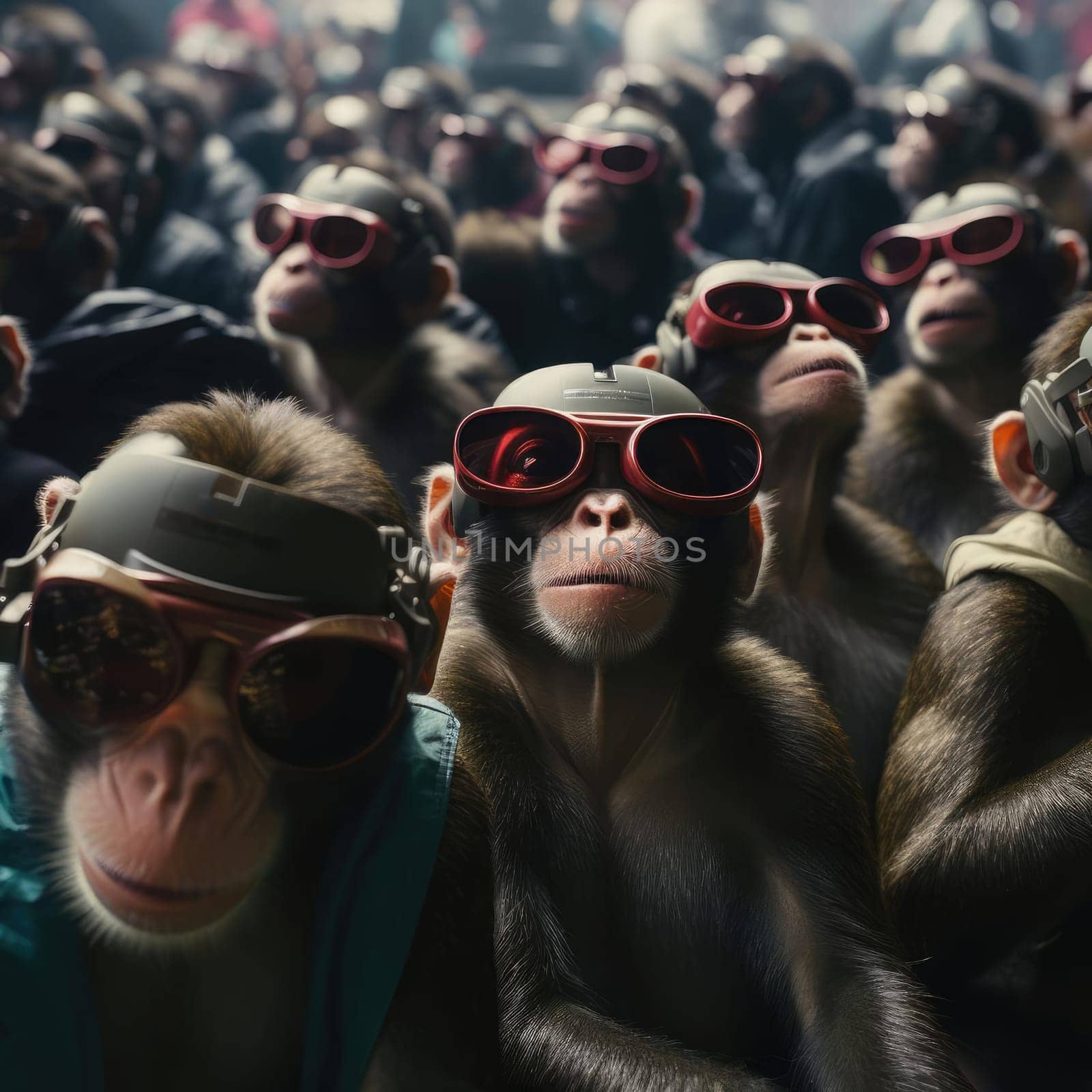 A crowd of monkeys wearing virtual reality glasses. A vision for the future