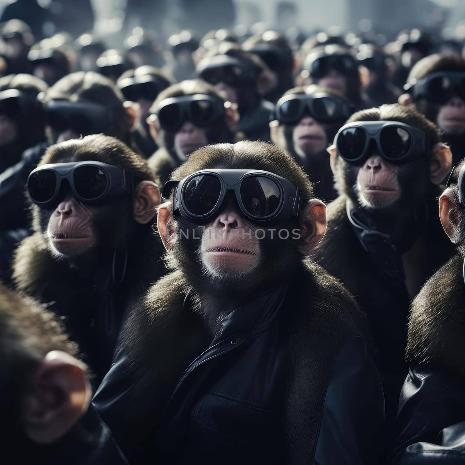 A crowd of monkeys wearing virtual reality glasses. A vision for the future