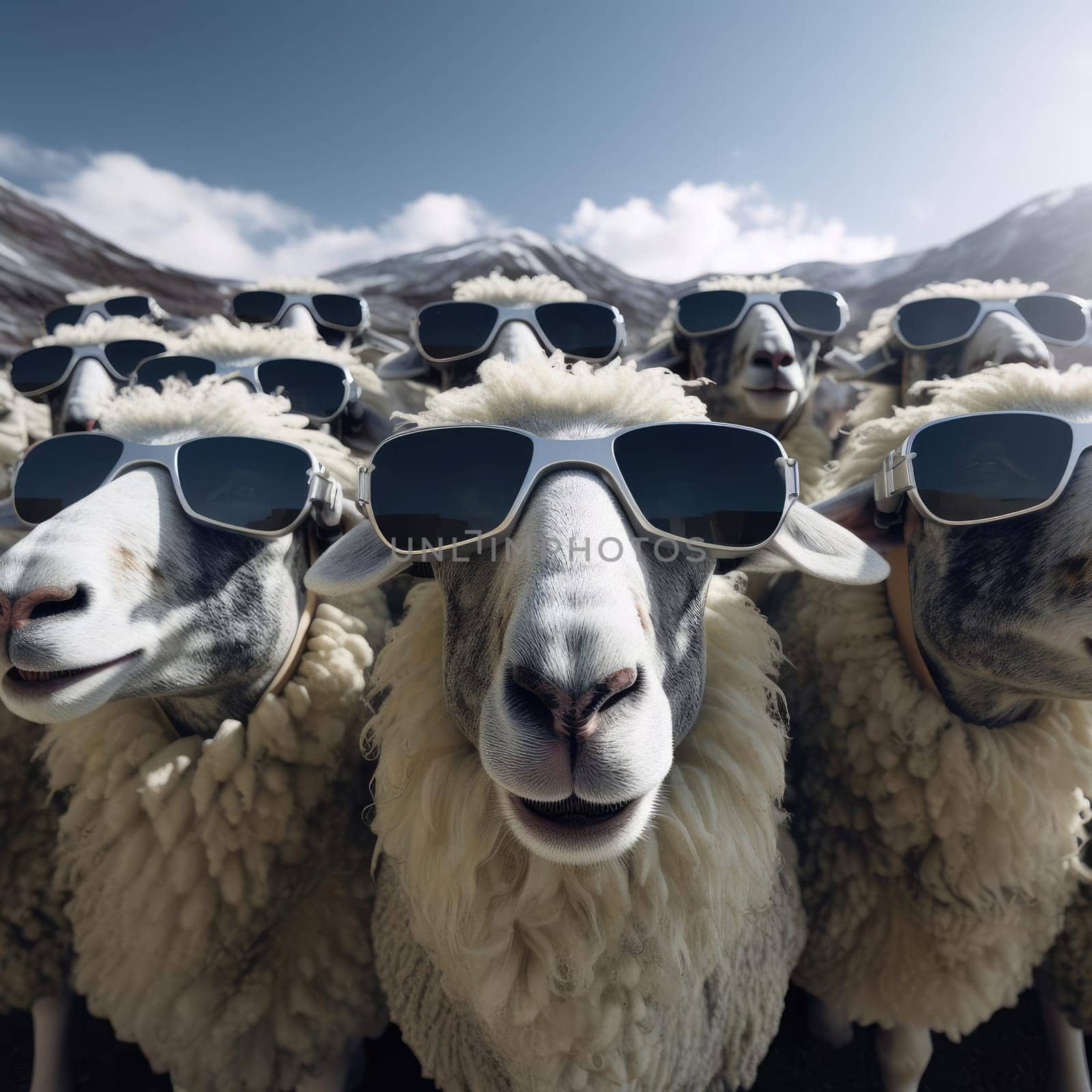 A herd of sheep wearing virtual reality glasses. A vision for the future