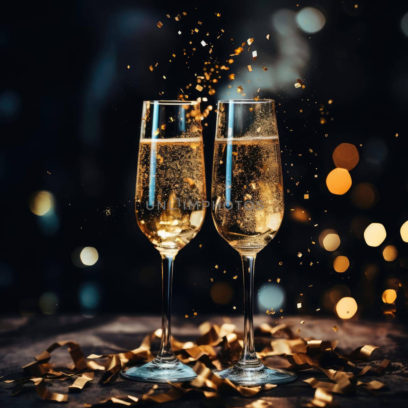 Two glasses of champagne on a blurred background with a golden hue