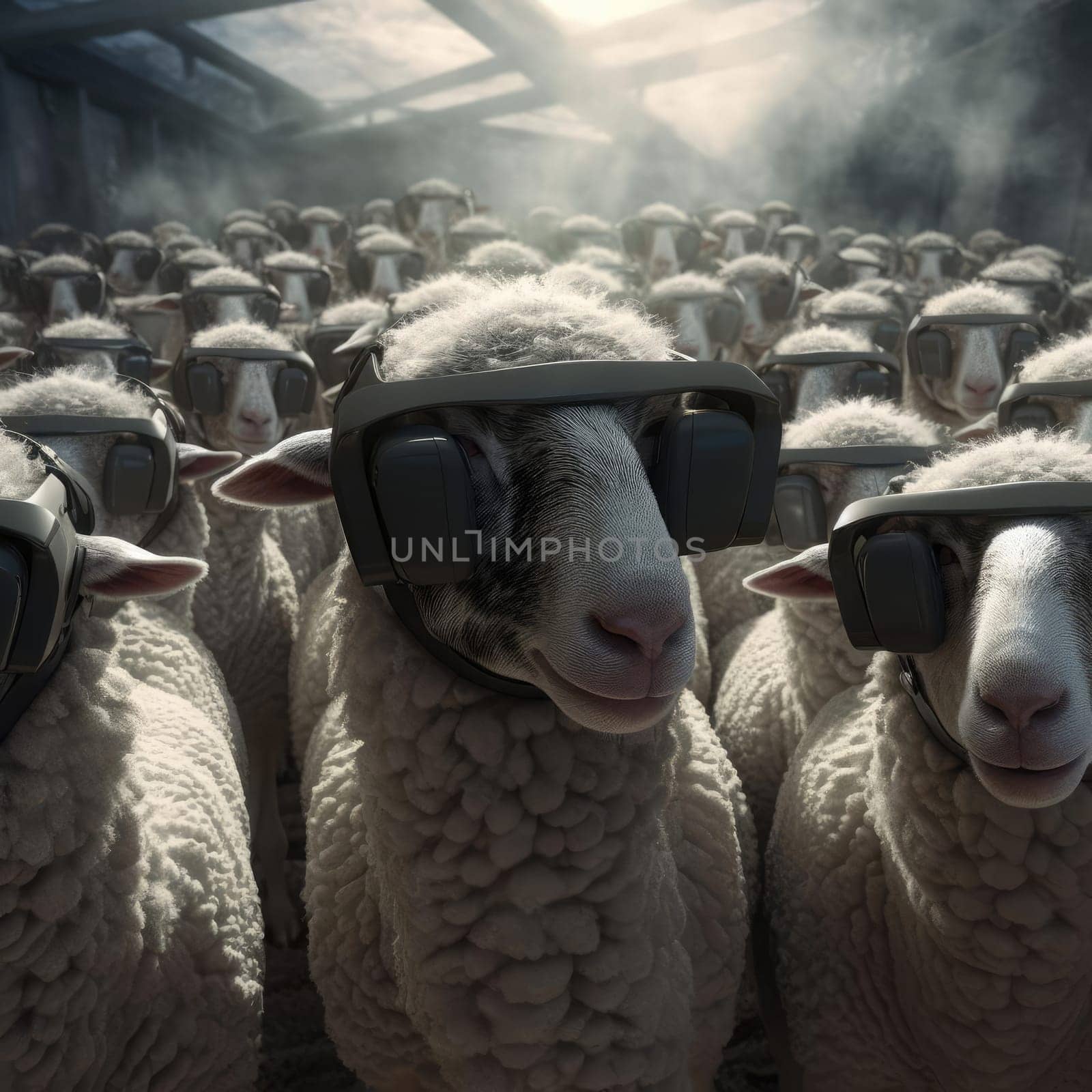 A herd of sheep wearing virtual reality glasses. A vision for the future