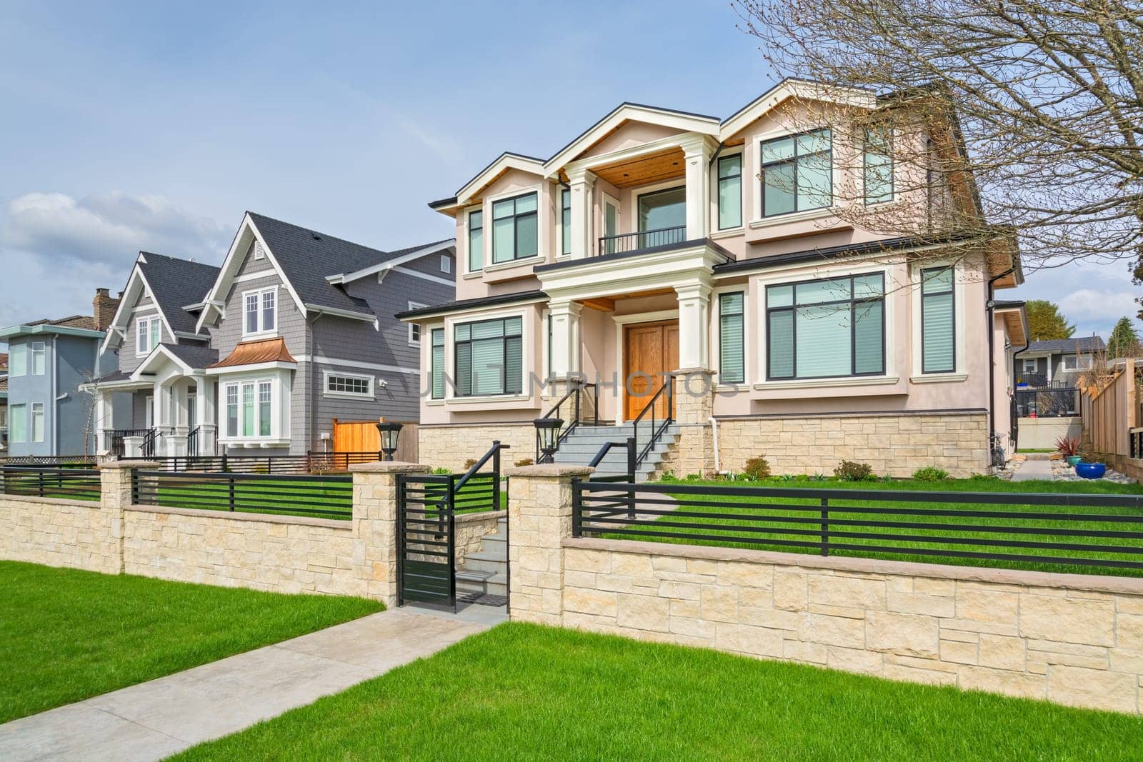 Luxury residential houses with landscaped front yard on land terrace.