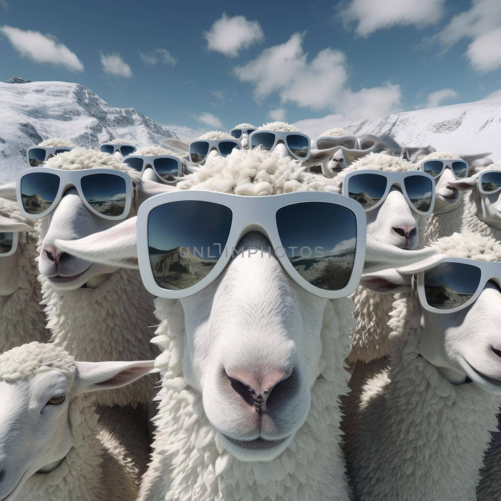 A herd of sheep wearing virtual reality glasses. A vision for the future