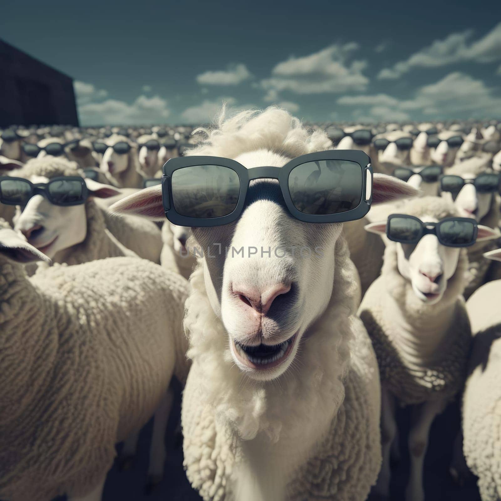 A herd of sheep wearing virtual reality glasses. A vision for the future