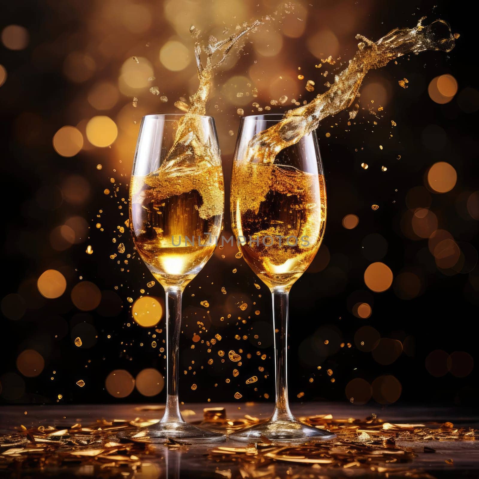 Two glasses of champagne on a blurred background with a golden hue