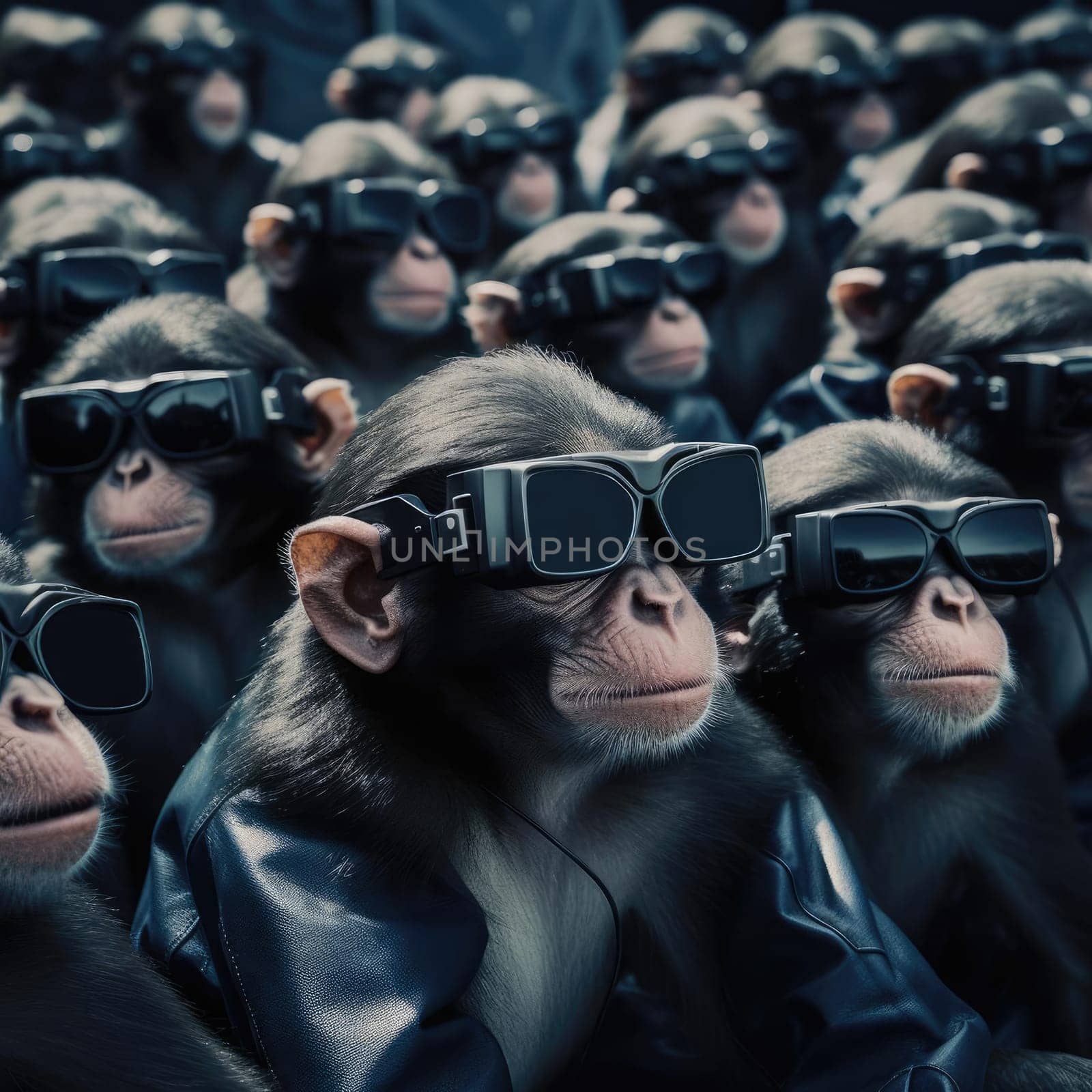 A crowd of monkeys wearing virtual reality glasses. A vision for the future