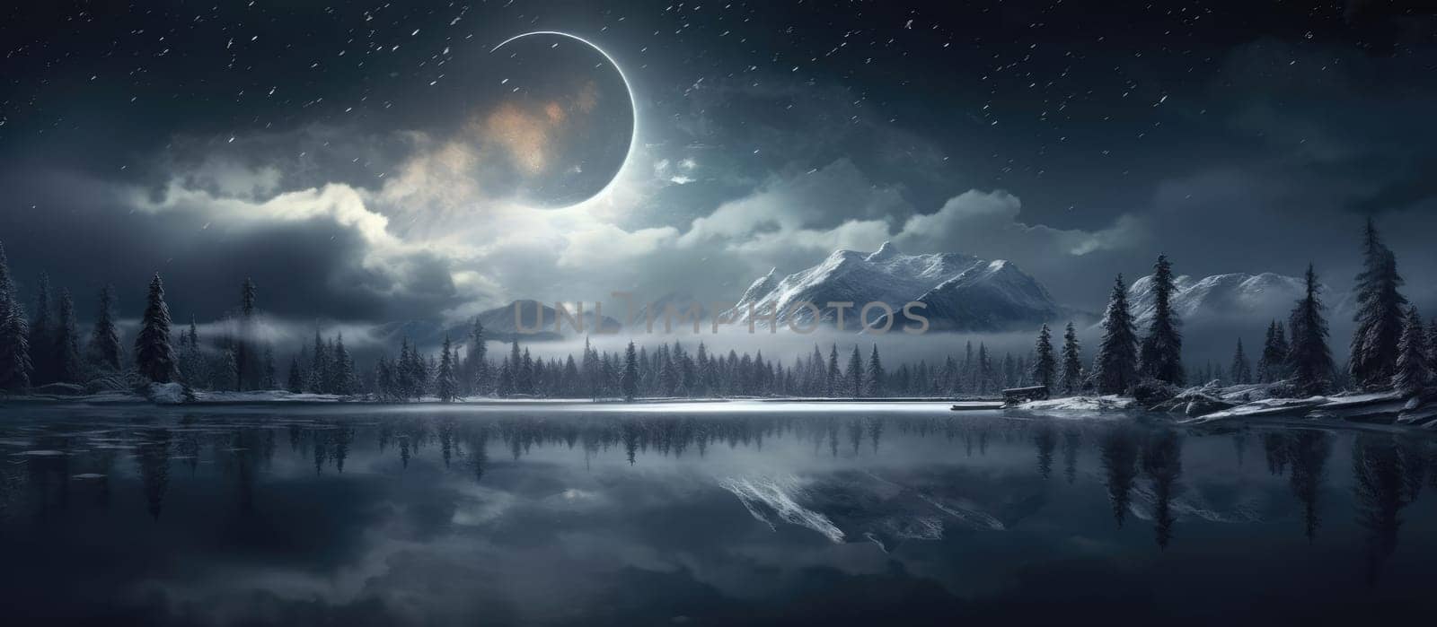 Dramatic landscape. Lesi and the lake against the background of the moon. Cinematic