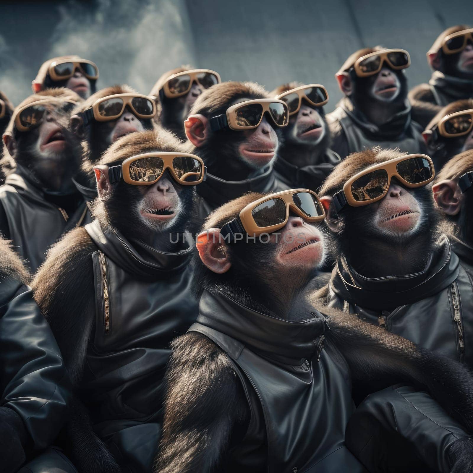 A crowd of monkeys wearing virtual reality glasses. A vision for the future