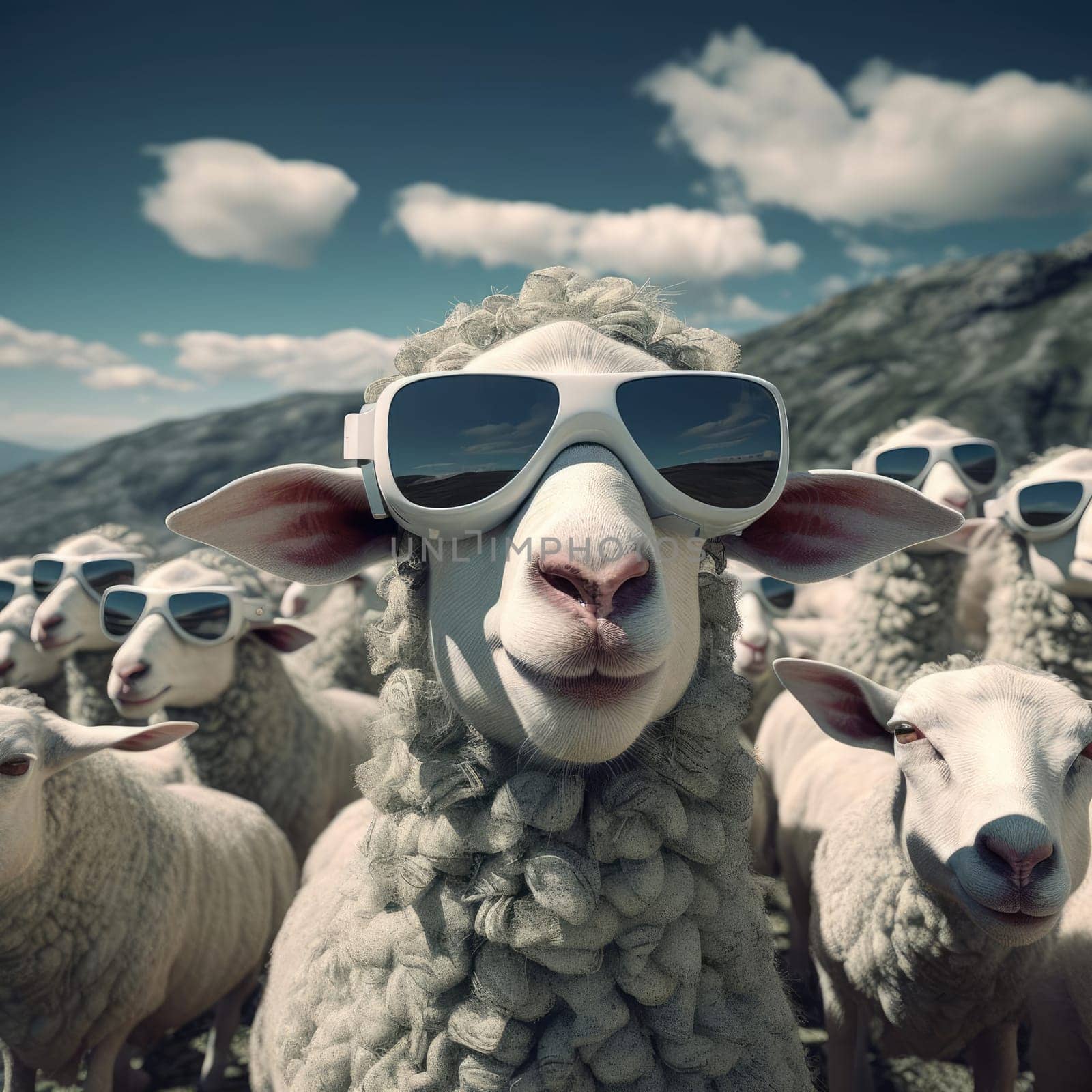 A herd of sheep wearing virtual reality glasses. A vision for the future