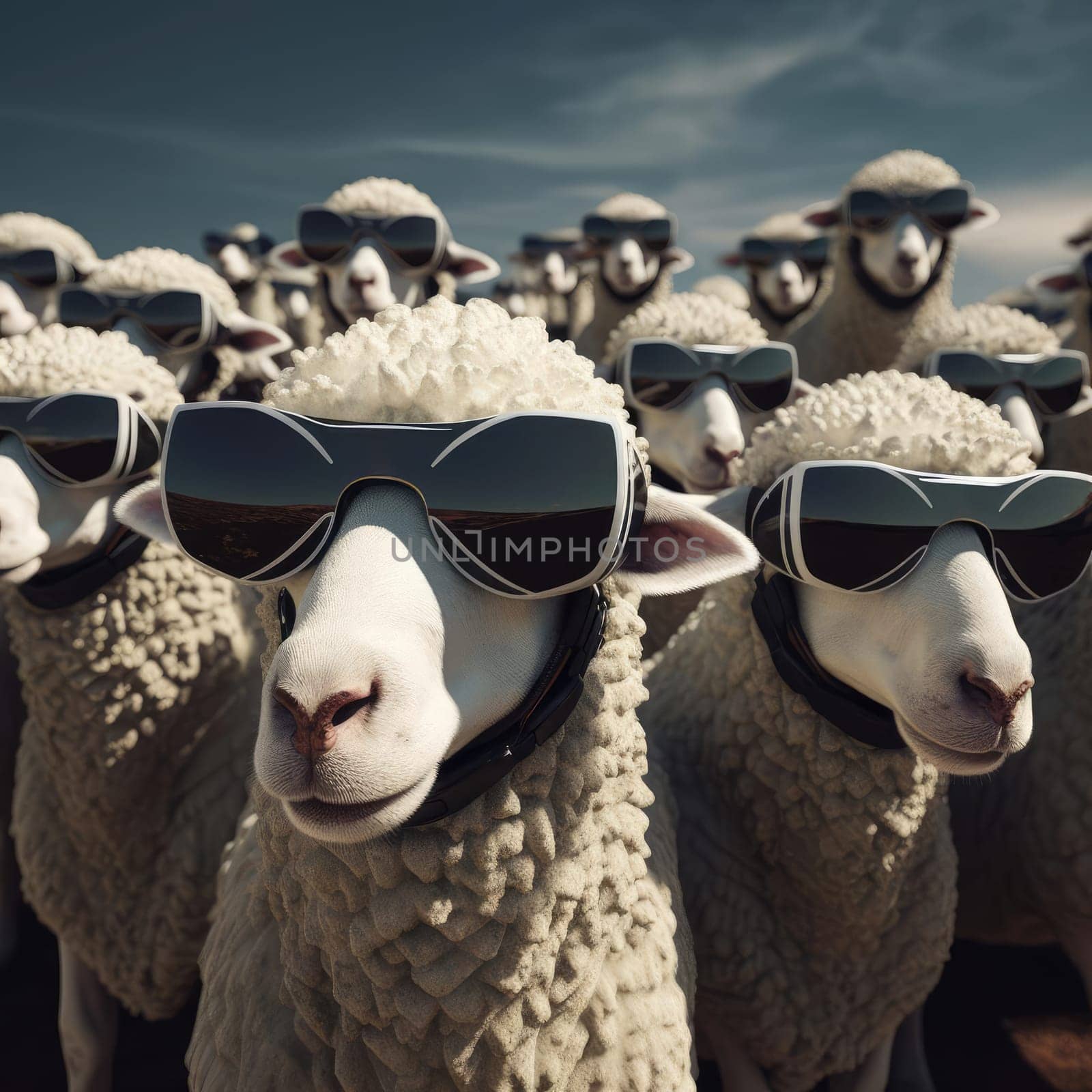 A herd of sheep wearing virtual reality glasses. A vision for the future