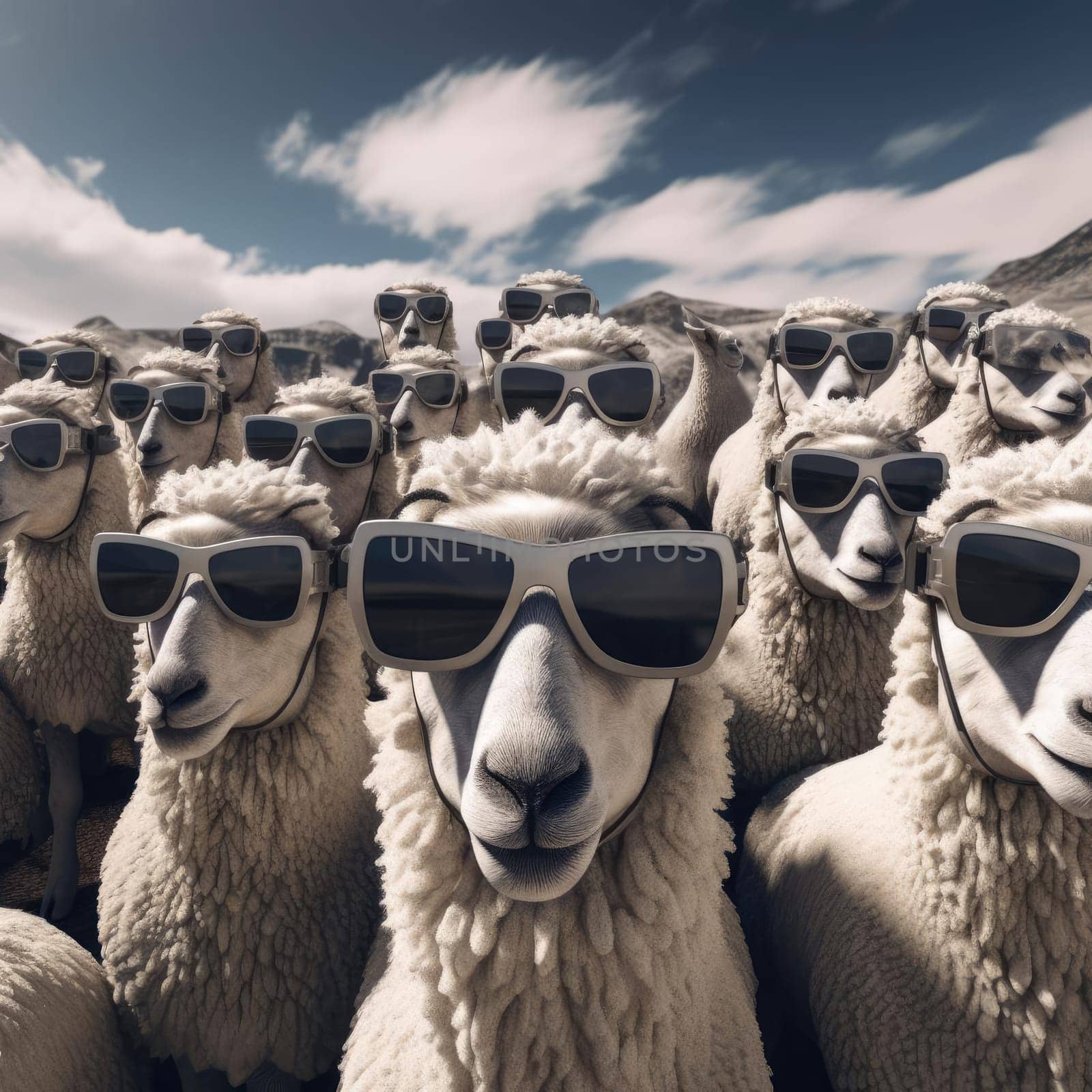 A herd of sheep wearing virtual reality glasses by cherezoff