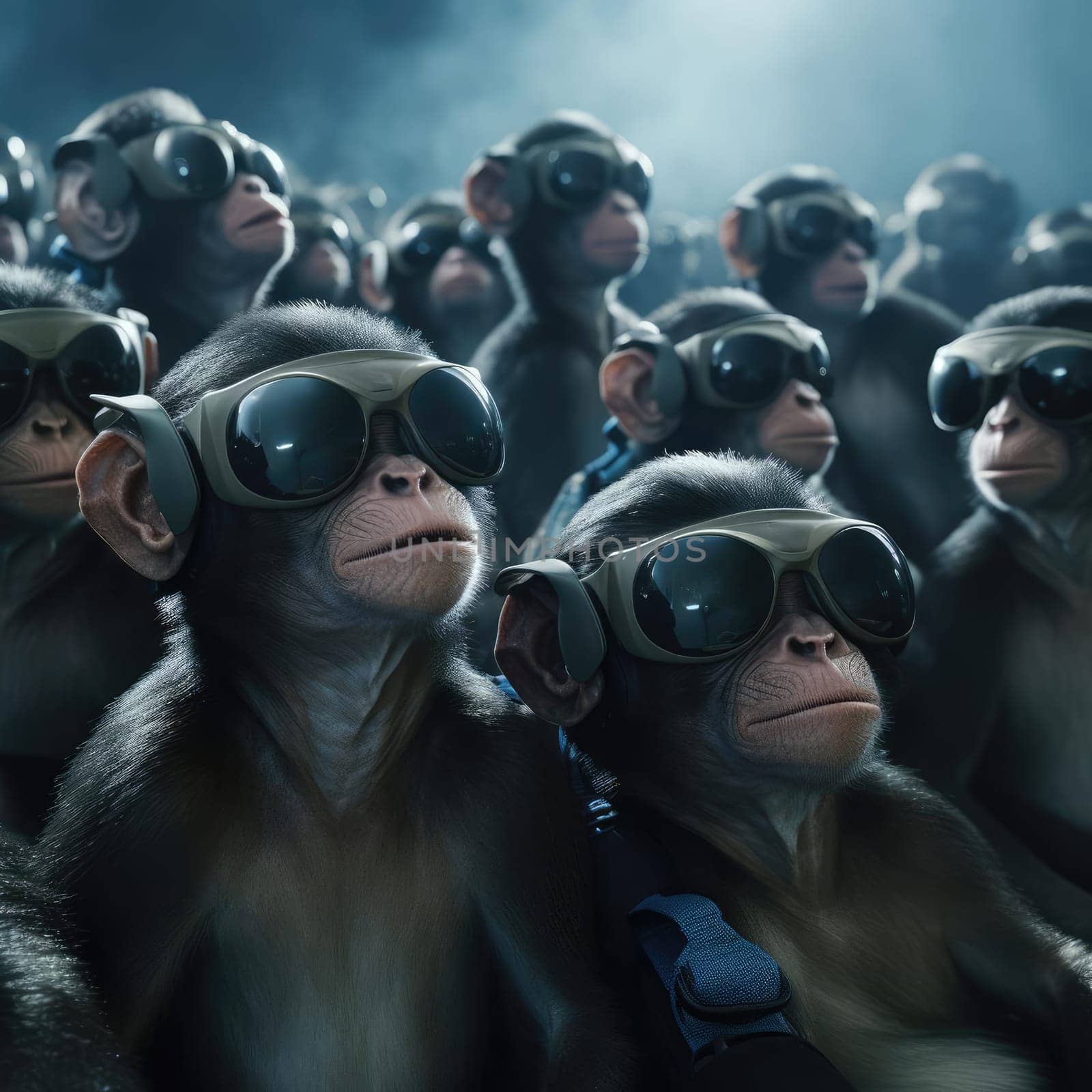 A crowd of monkeys wearing virtual reality glasses by cherezoff