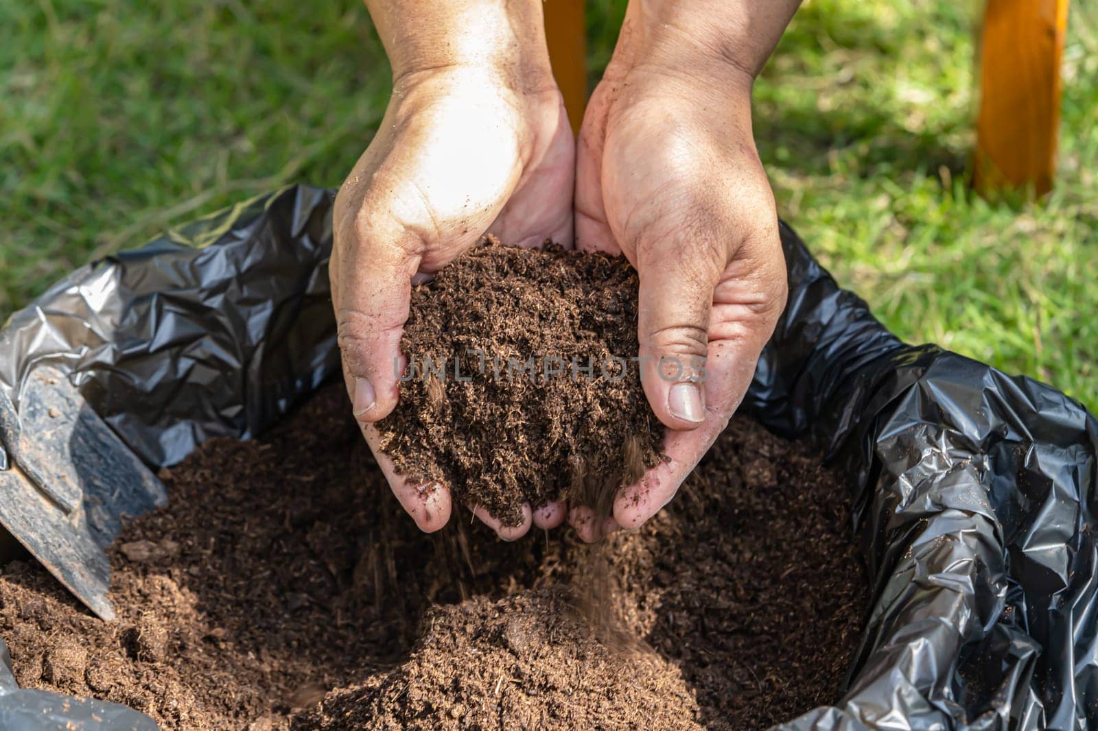 Hand holding peat moss organic matter improve soil for agriculture organic plant growing, ecology concept.