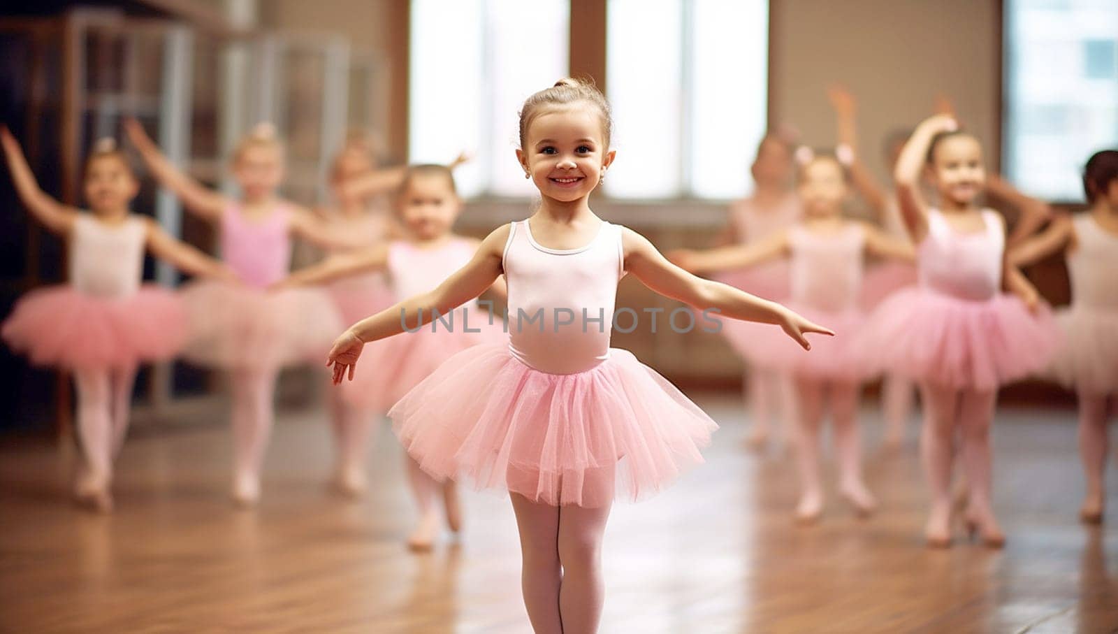 Portrait of a cute and proud little ballerina in pink ballet costume and pointe shoes is dancing in the room. Kid in dance class. Child girl is studying ballet. wearing a pink tutu skirt by Annebel146