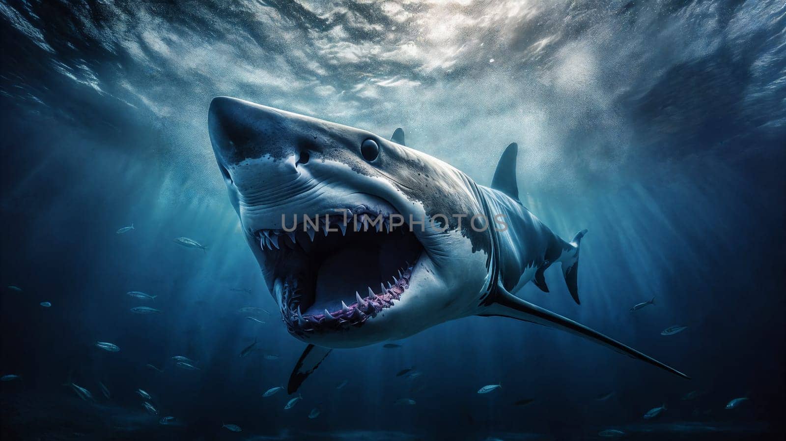 Fantasy shark underwater close-up, sunlight through the water. Generative AI