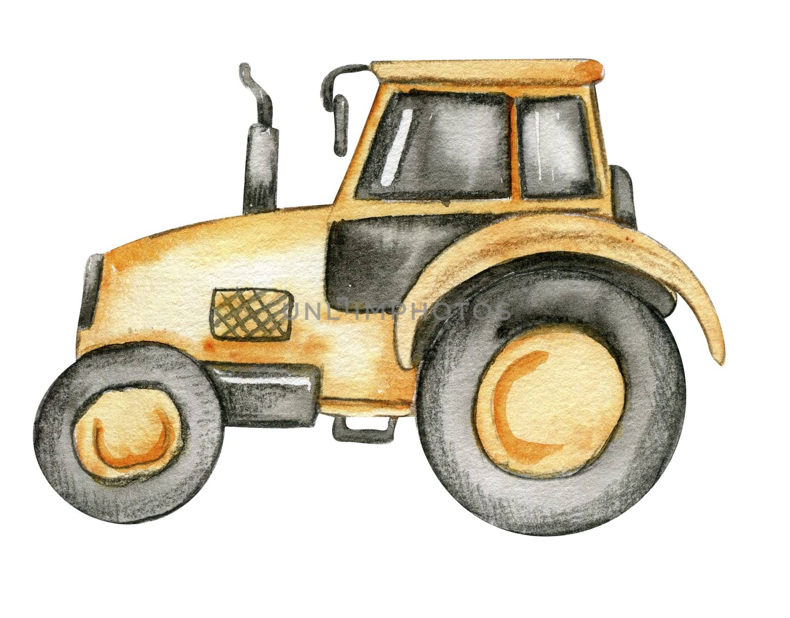 Yellow tractor. Watercolor hand drawn illustration. Perfect for kid posters or stickers. by ArtsByLeila