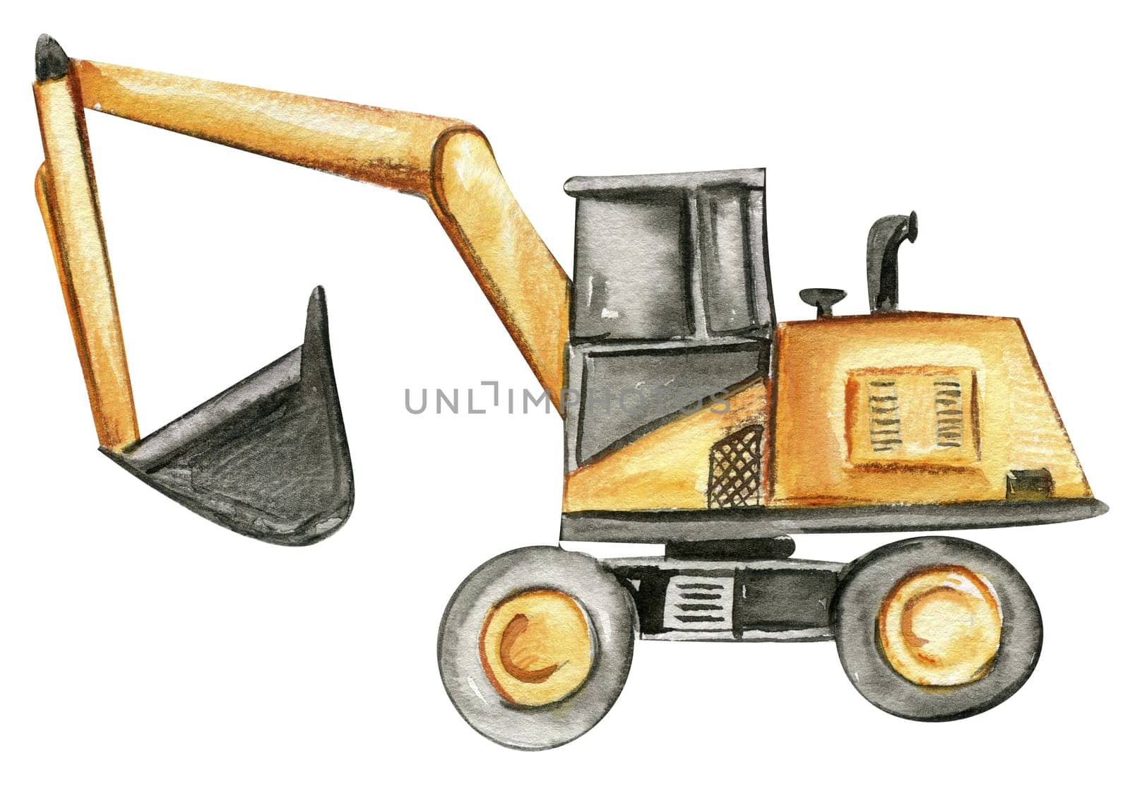 Yellow excavator. Watercolor hand drawn illustration. Perfect for kid posters or stickers. by ArtsByLeila