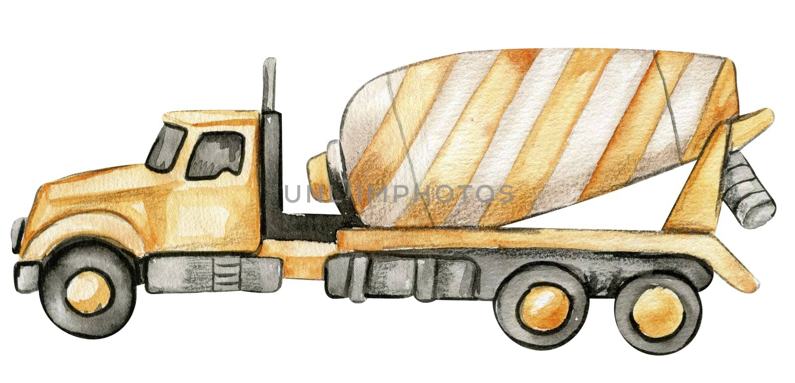 Yellow concrete mixer. Watercolor hand drawn illustration. Perfect for kid posters or stickers.