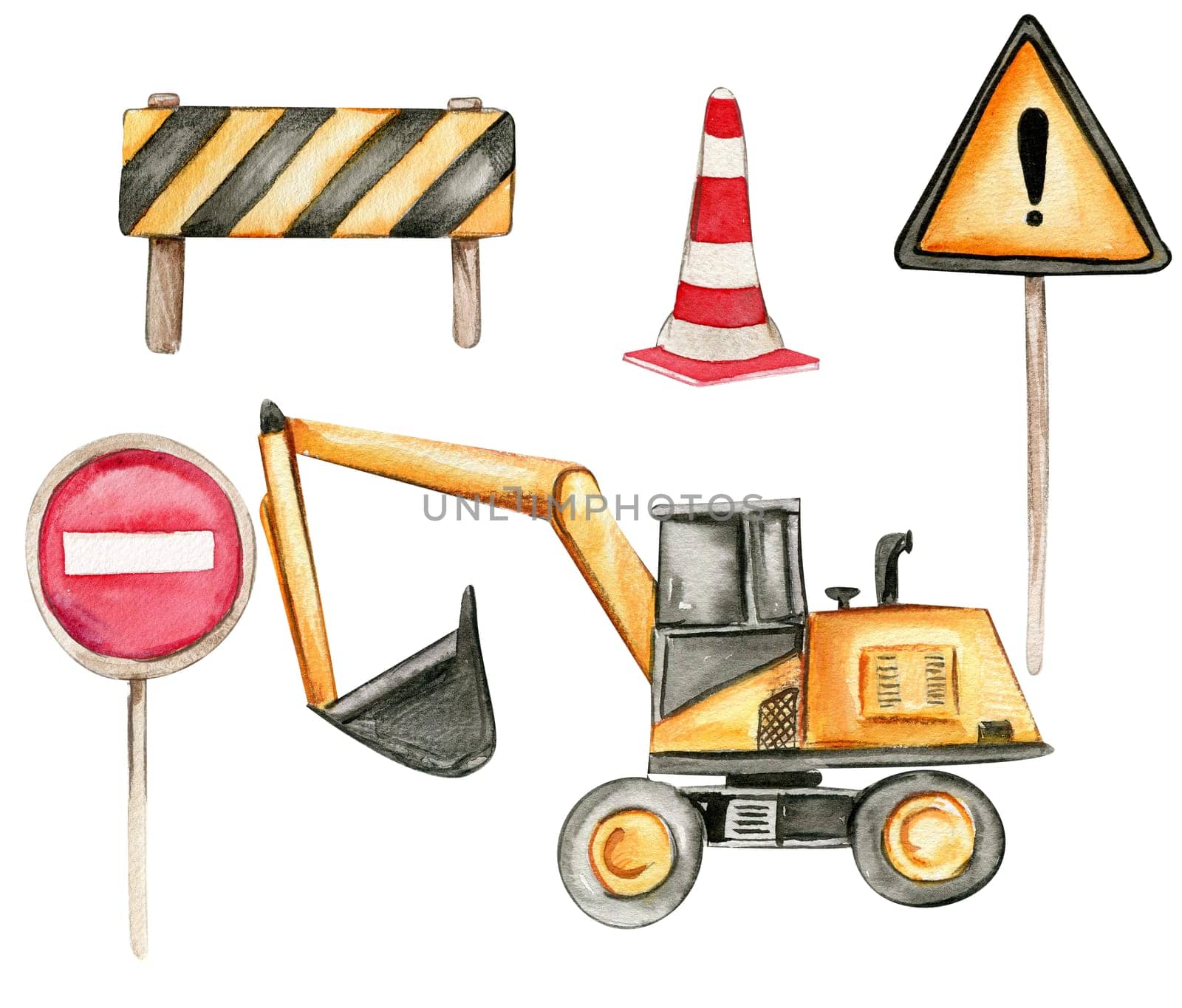 Road signs and yellow excavator. Watercolor hand drawn illustration. Perfect for kid posters or stickers. by ArtsByLeila