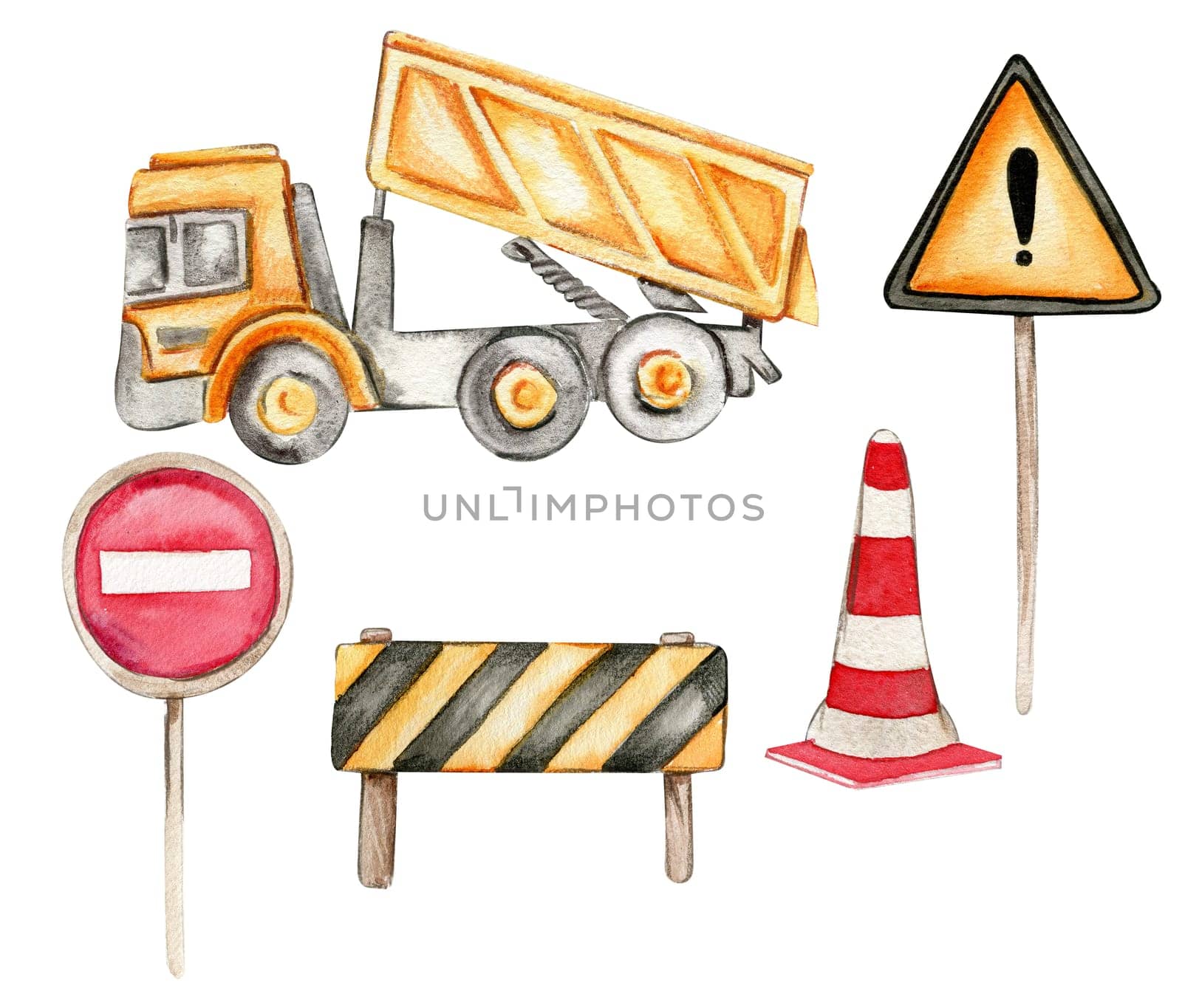 Road signs and yellow truck . Watercolor hand drawn illustration. Perfect for kid posters or stickers.