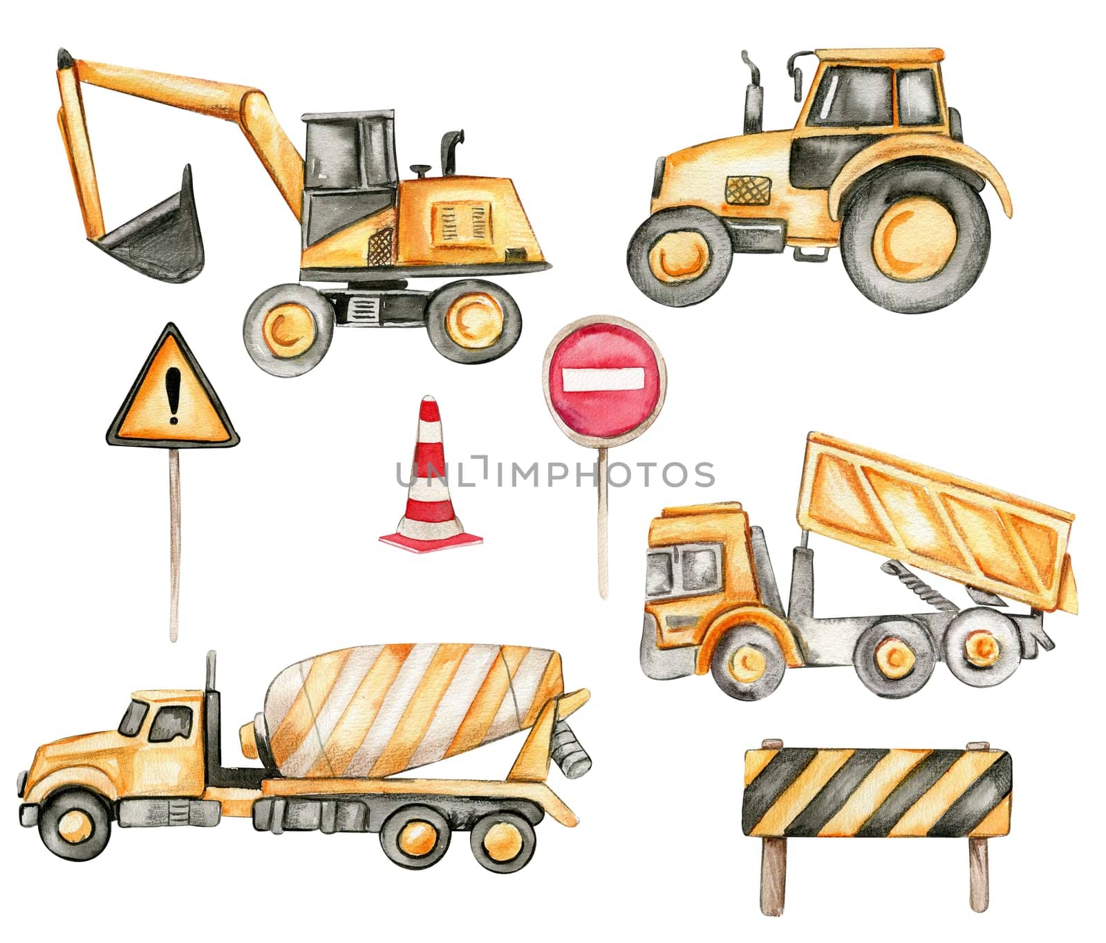 Road signs, yellow concrete mixer, tractor, truck and excavator. Watercolor hand drawn illustration. Perfect for kid posters or stickers.
