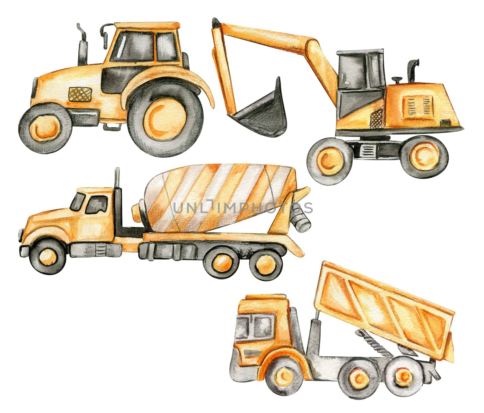 Yellow concrete mixer, tractor, truck and excavator. Watercolor hand drawn illustration. Perfect for kid posters or stickers