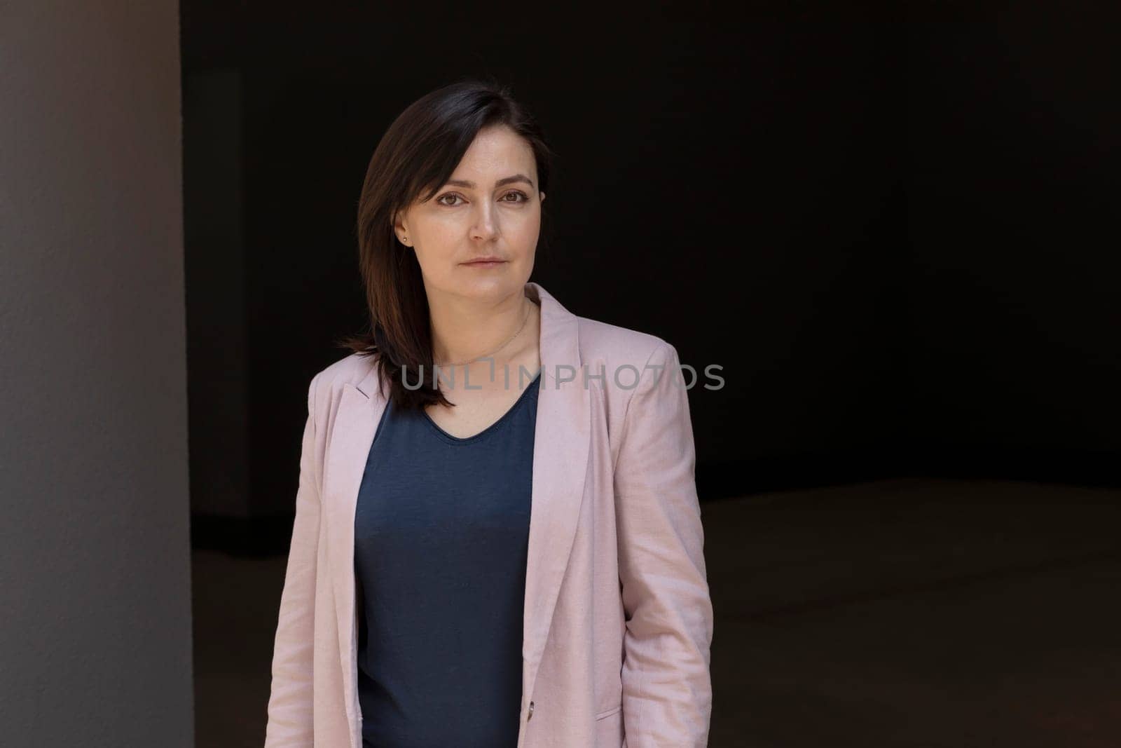 Portrait Attractive Mature Woman Outdoor. Stylish Brunette Caucasian Female Looks At Camera. Portrait Of Entrepreneur, Confident Business Owner. Horizontal Plane, Copy Space. Lifestyle by netatsi