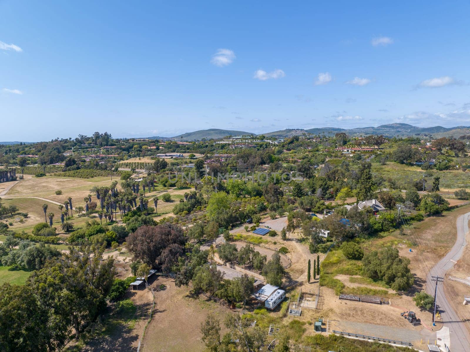 Aerial view over Rancho Santa Fe green valley landscape in San Diego, California, USA