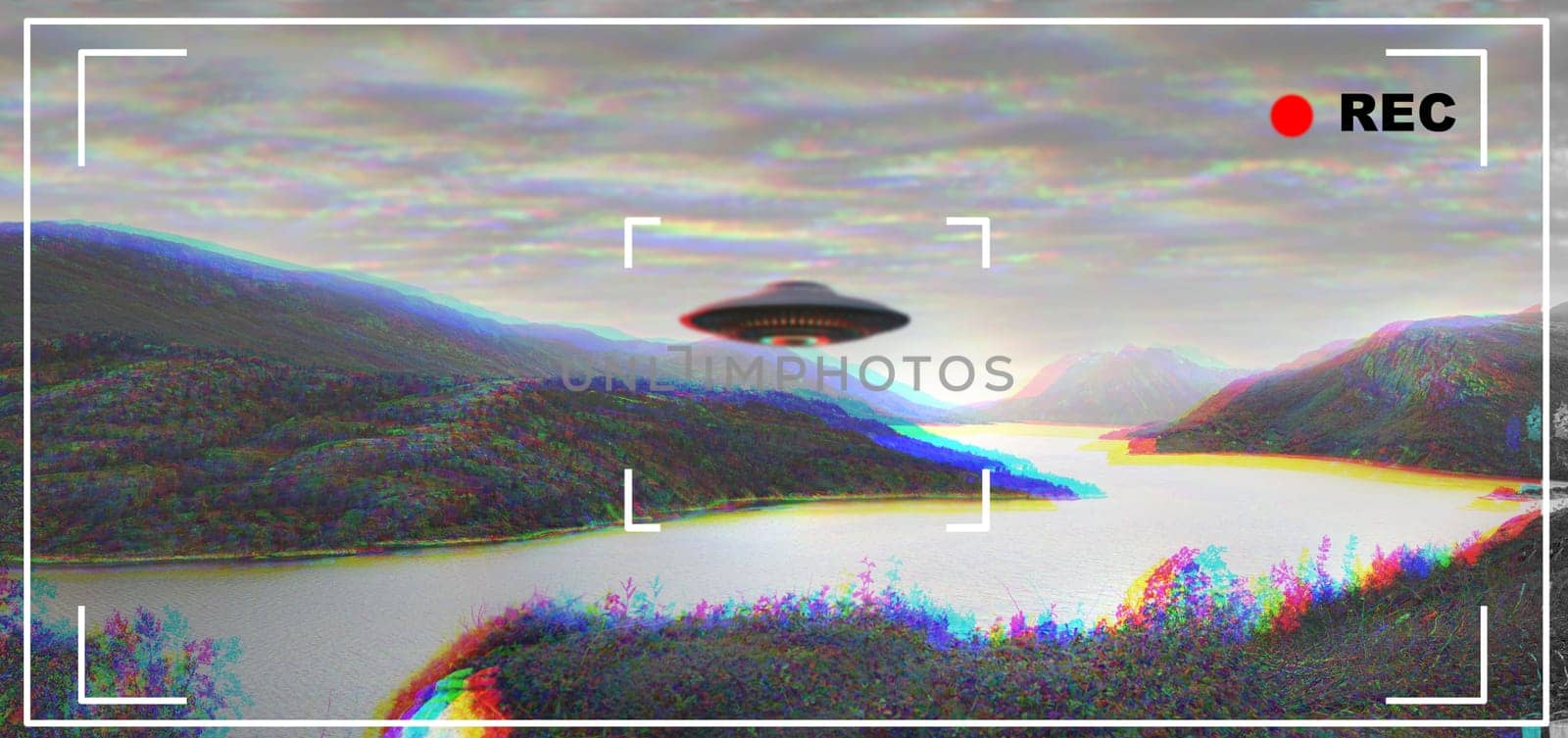 UFO, alien and camcorder viewfinder with a spaceship flying in the sky over area 51 for an invasion. Camera, spacecraft and conspiracy theory with a saucer on a display to record a sighting of aliens.