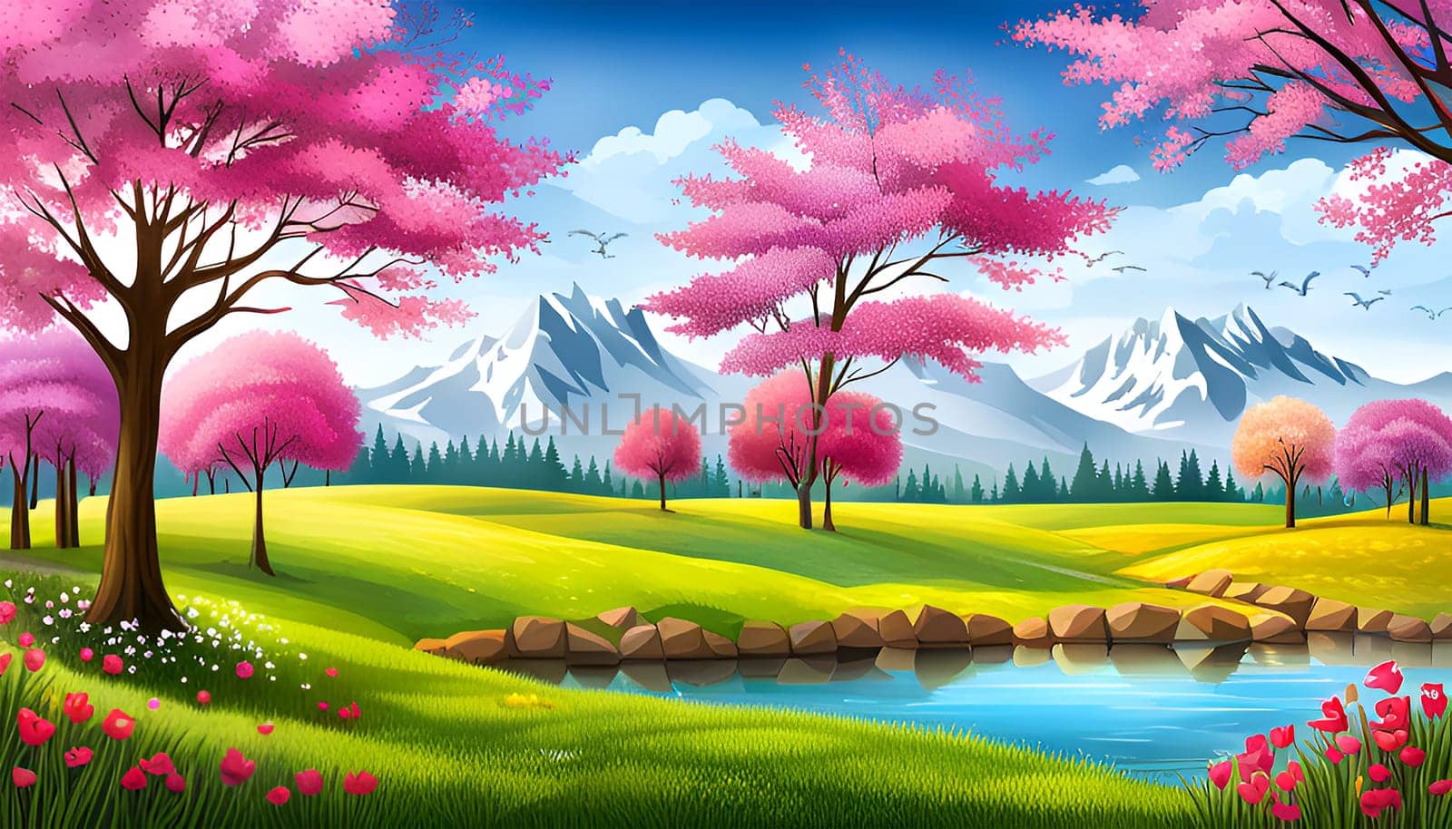 Colorful springtime landscape with blooming trees, flowers, green grass, river and mountain by day - Generative AI