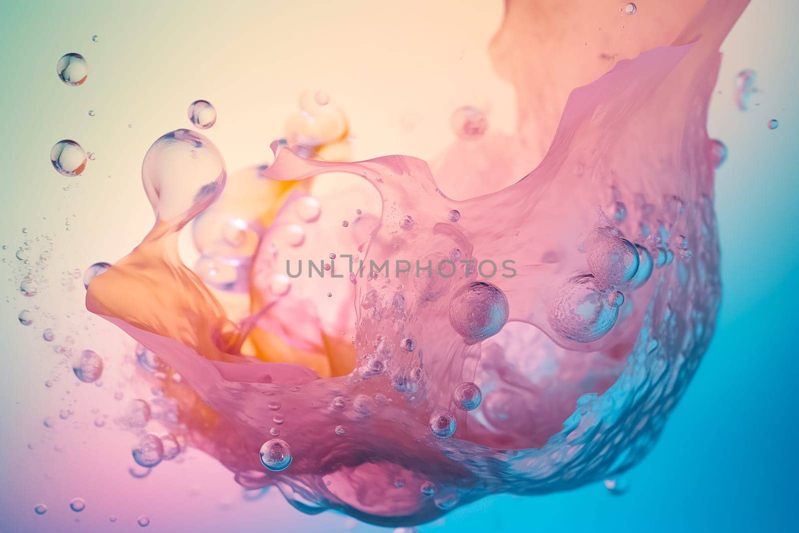 Colorful abstract water background. Water and water bubbles toned in different colors. Water splashes and drops background. Generative AI.