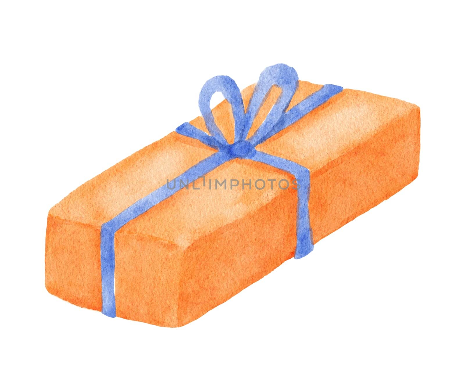 Watercolor drawing funny gift box with bow. Hand drawn illustration isolated on white. Surprise for Christmas or birthday