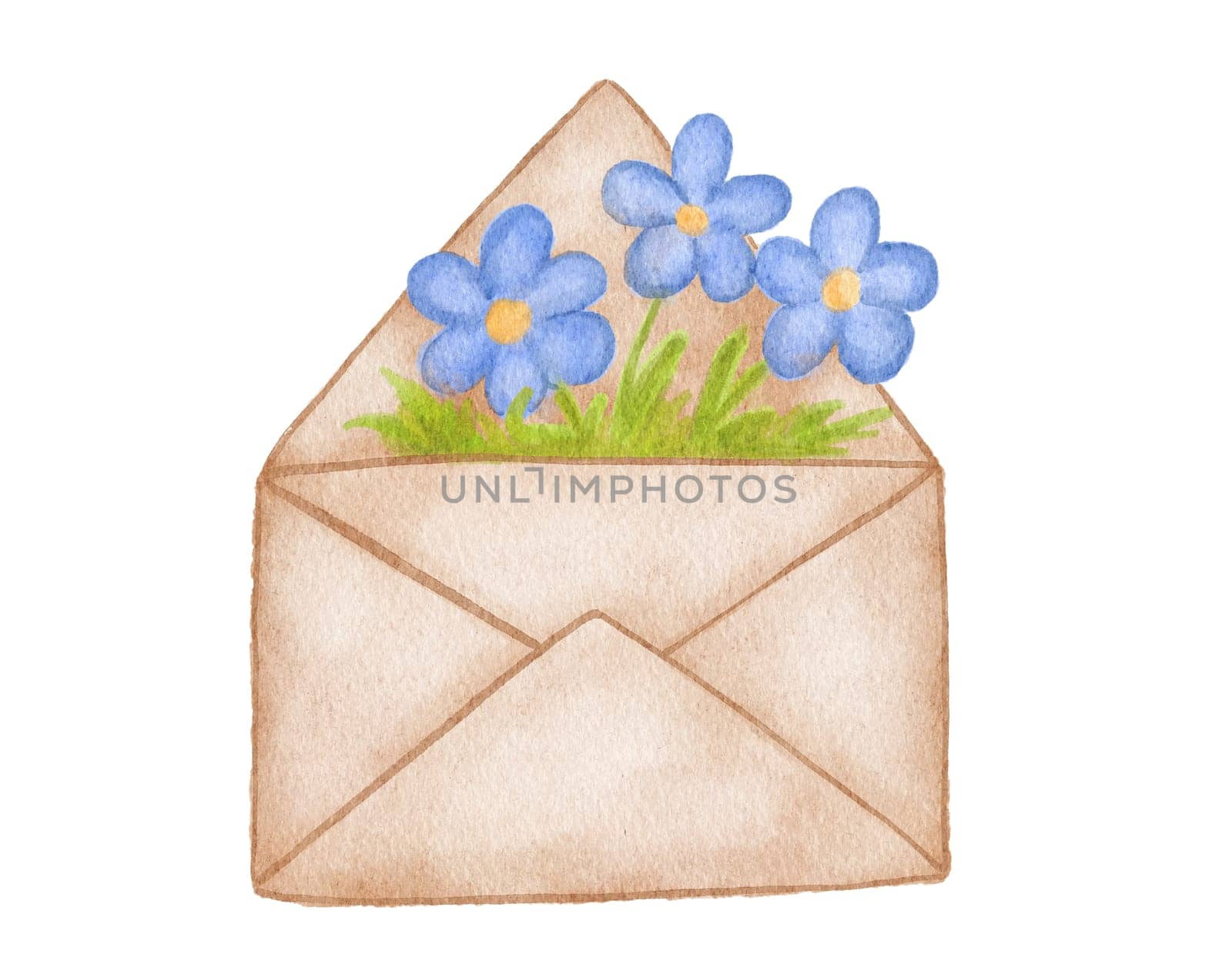Bouquet of flowers inside the envelope. Watercolor cute illustration isolated on white