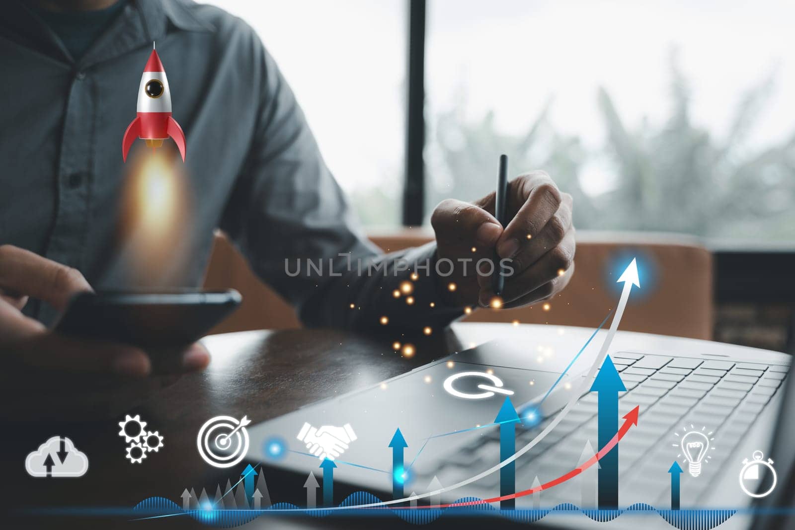 Experience the excitement of startup business with this rocket icon launch concept, soaring from a laptop to the sky for fast growth and success. Network connection on modern virtual interface.