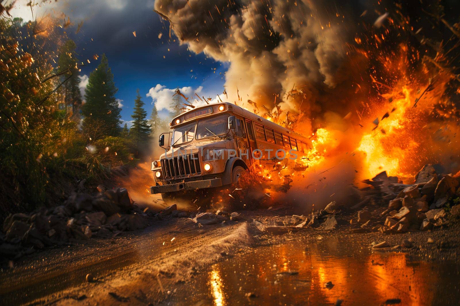 Bus explosion. The concept of terrorism. Generative AI. High quality illustration