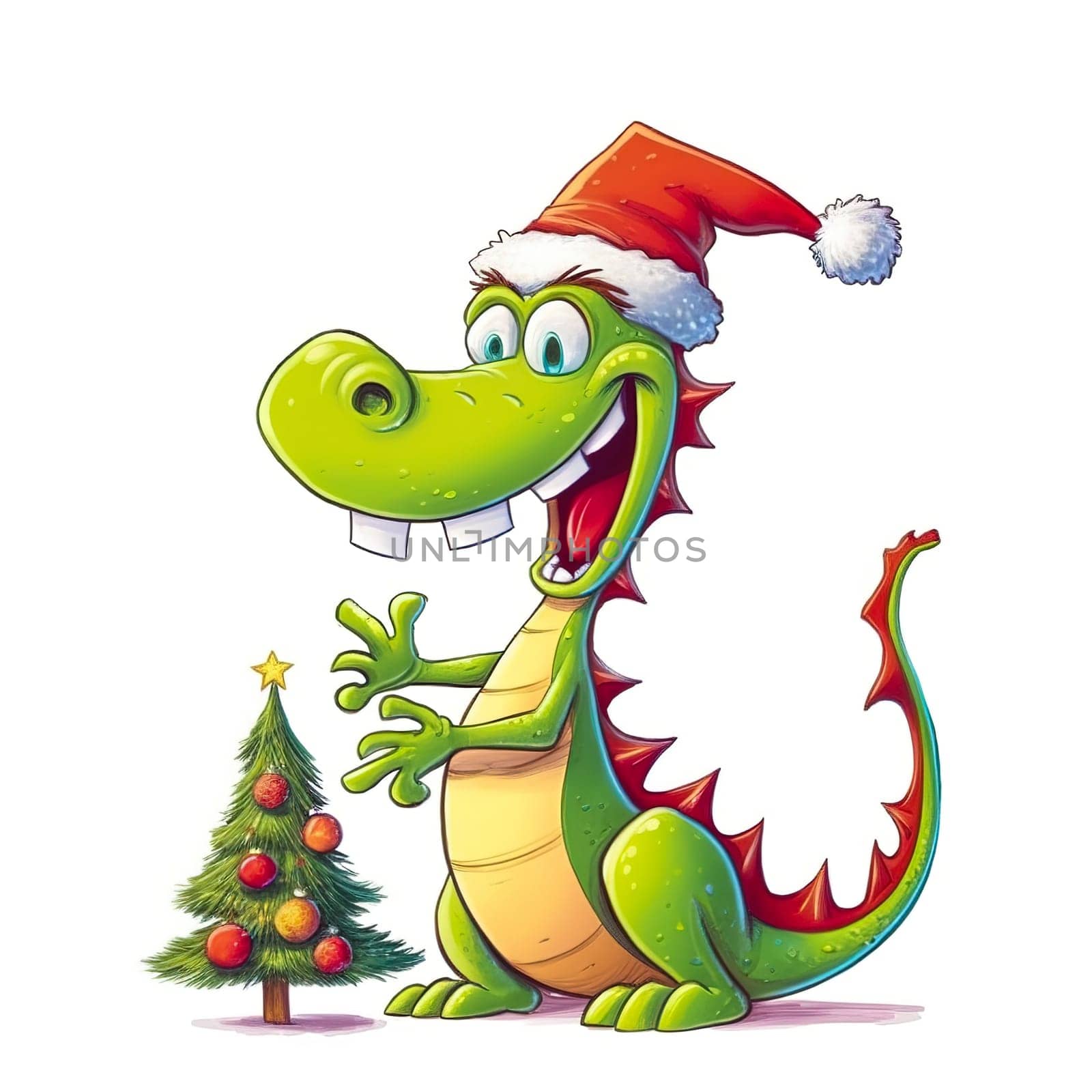 Illustration of a cheerful dragon in a red cap with a Christmas tree. Generative AI. High quality illustration