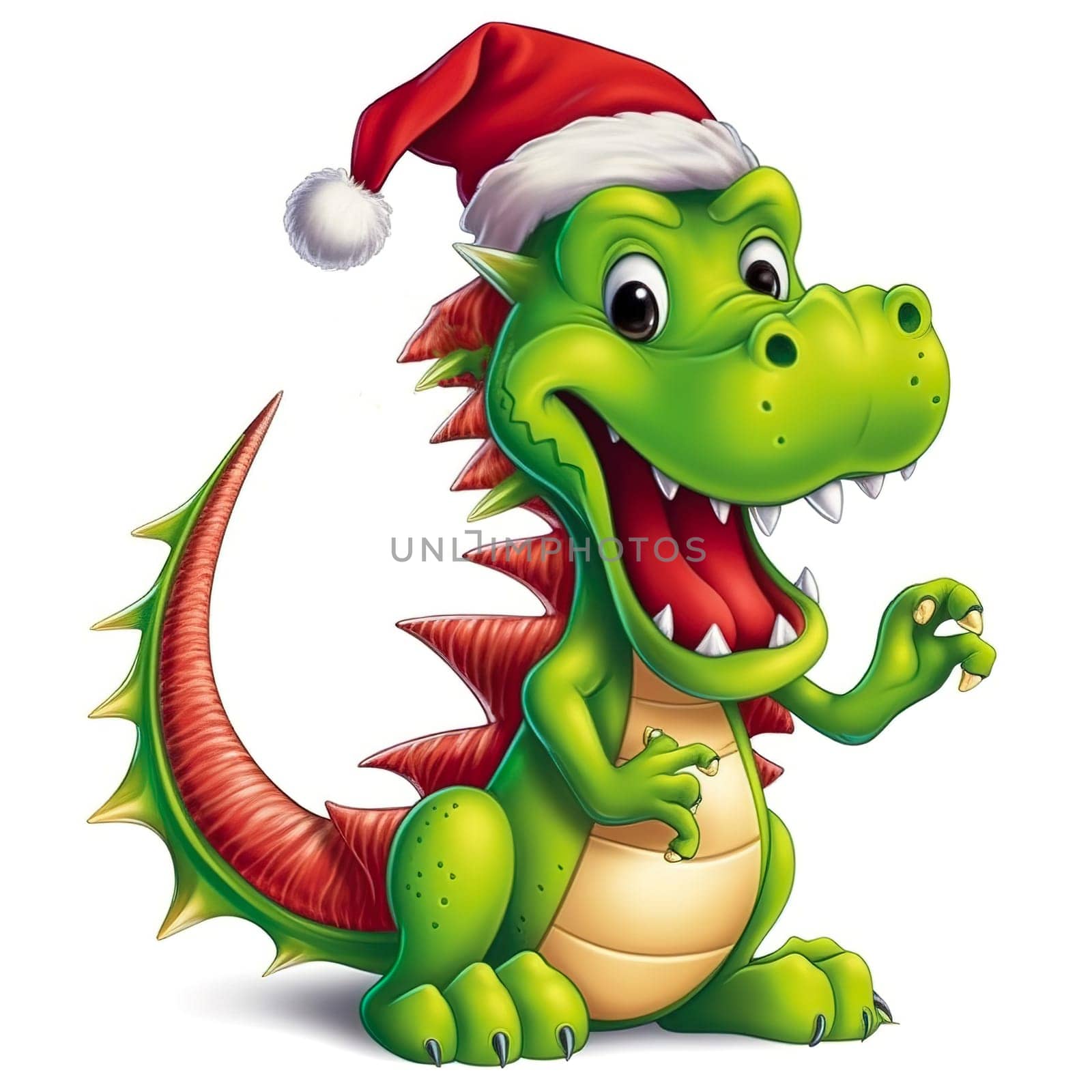 Illustration of a cheerful dragon in a New Year's red cap. Generative AI. High quality illustration