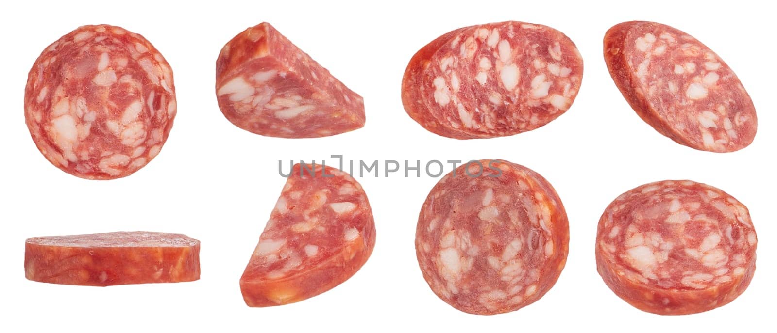 Dried sausage slices on a white isolated background. Sausage slices in different cuts are suitable for inserting into a design or project. by SERSOL