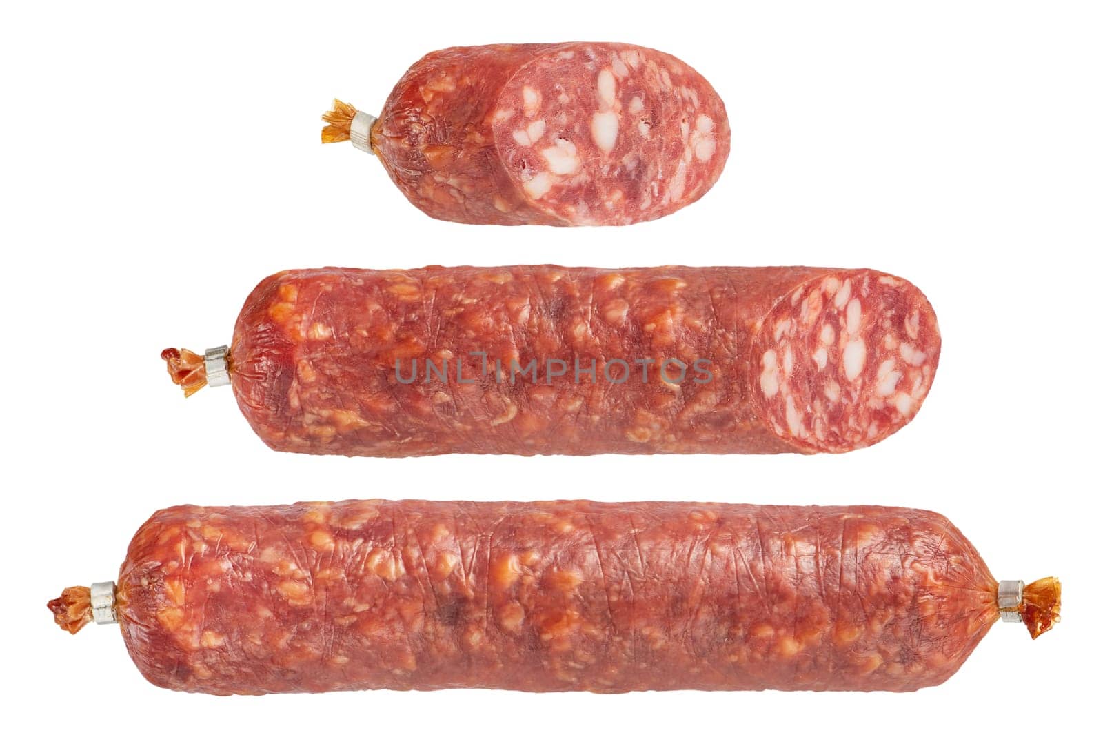 Dried sausage rolls of different cuts on a white isolated background. Sausage pieces are suitable for inserting into a design, project or for an advertising banner. High quality photo