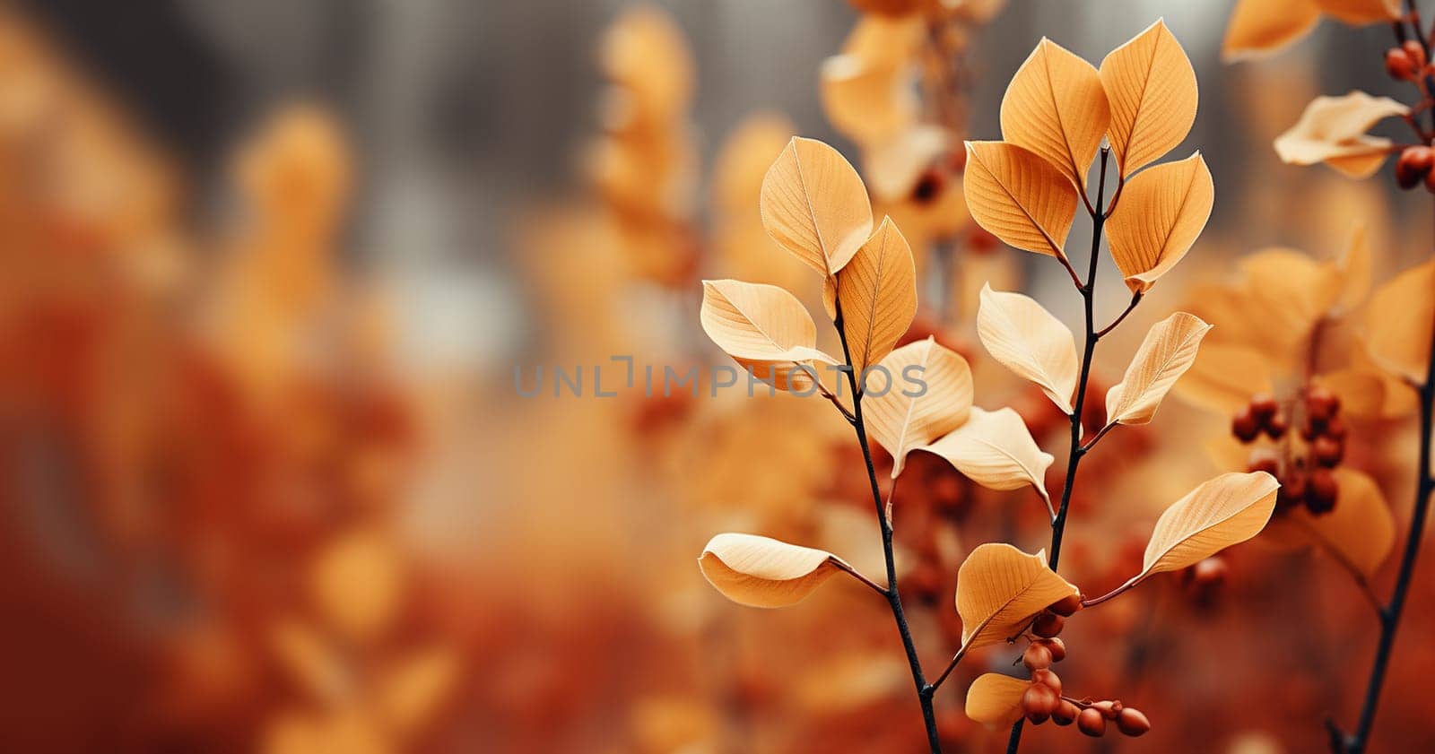 Colorful autumn plants background, brown,yellow orange fall colored with blurred background. Trees Leaves in vintage color with copy space by Annebel146