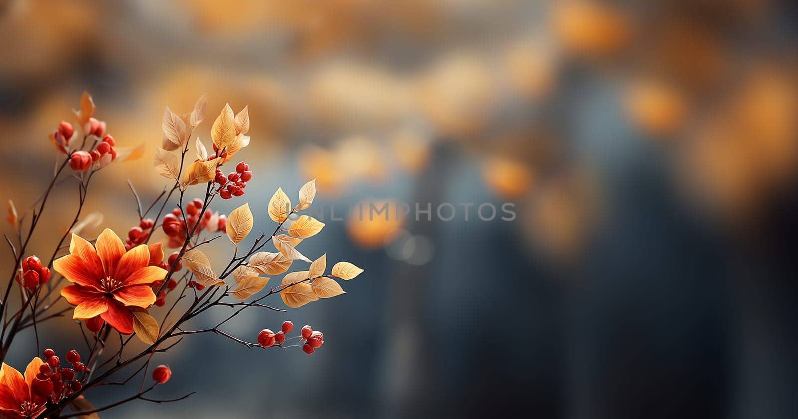 Colorful autumn plants background, brown,yellow orange fall colored with blurred background. Trees Leaves in vintage color with copy space by Annebel146