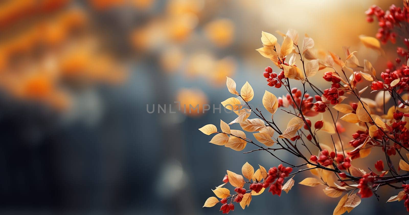 Colorful autumn plants background, brown,yellow orange fall colored with blurred background. Trees Leaves in vintage color with copy space beauty