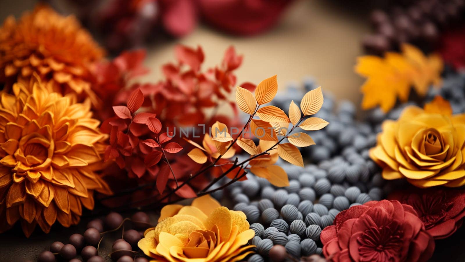 Colorful autumn plants background, brown,yellow orange fall colored with blurred background. Trees Leaves in vintage color with copy space beauty