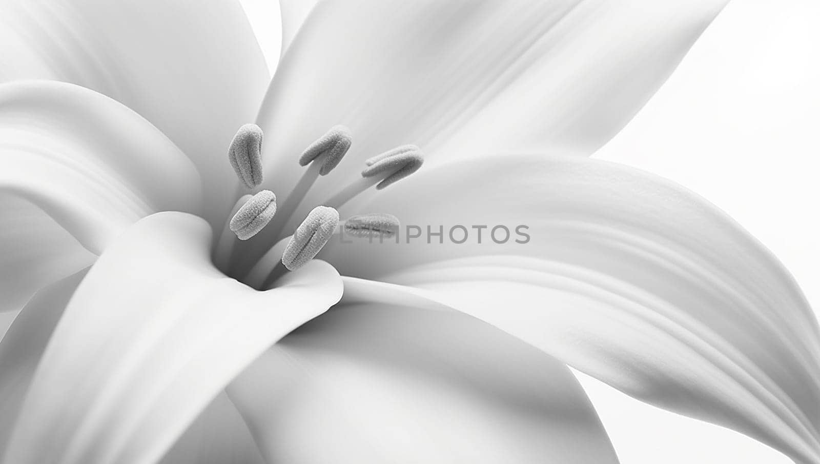 Black and white image of the delicate petals of a Lilly flower against a white background beautiful soft nature design Beauty