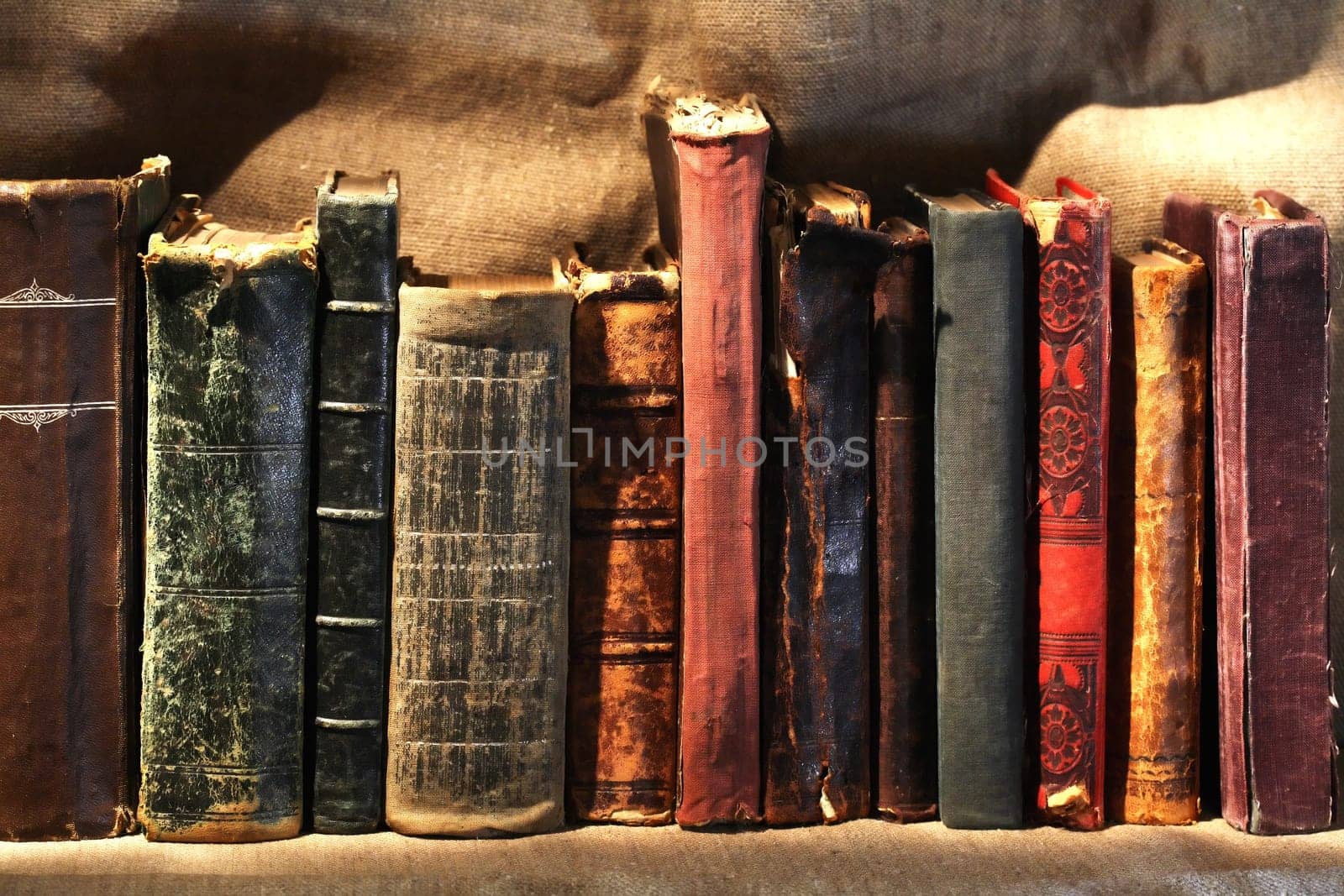 Set of various old books on canvas background